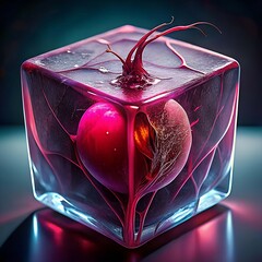 Vibrant Red Beetroot Encased in a Clear Ice Cube Culinary Art and Food Preservation Abstract