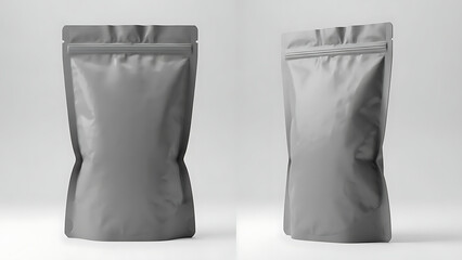 matte finish snack pouch mockup, realistic wrinkled texture, front and side view, bright studio lighting highlighting the matte finish and shape of the packaging--v 6.1 --ar 16:9 --q 2"