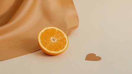 Half orange fruit with small wooden heart on a beige surface and background.