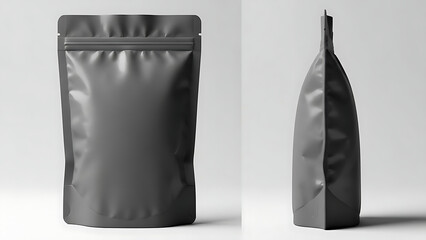 matte finish snack pouch mockup, realistic wrinkled texture, front and side view, bright studio lighting highlighting the matte finish and shape of the packaging--v 6.1 --ar 16:9 --q 2"