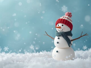 Fototapeta premium Cute snowman with red hat and scarf standing in fresh snow with soft falling snowflakes.