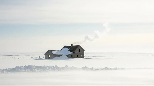 Snow-covered farmhouse seen through a series of video frames capturing winter landscape in minimal