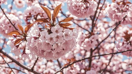 Cherry blossom trees with pink flowers in full bloom during spring. Beautiful nature scenery with a clear blue sky.