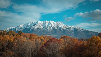 Snow-capped mountains with forest in autumn colors under blue sky.