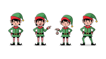 Cute Christmas Elf Characters Vector Set with Festive Poses and Outfits