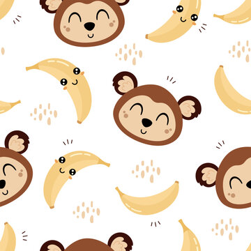 Kids seamless pattern with cute monkey face and bananas. Adorable Jungle background,Tropical vector illustration in cartoon style