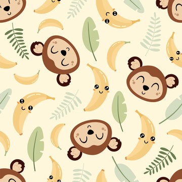 Kids seamless pattern with cute monkey face, bananas and leaves. Adorable Jungle background,Tropical vector illustration in cartoon style