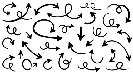 Collection of Hand-Drawn Arrows and Symbols in Black and White on White Background