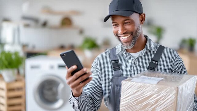 Service with a Smile: A delivery person, radiates joy as he looks at his phone and prepares to deliver a package, highlighting the modern convenience of logistics and happy clients.