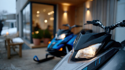 A detailed view of two snowmobiles, highlighting their design and functionality, set against a beautifully snow-covered cabin environment for winter thrill seekers.