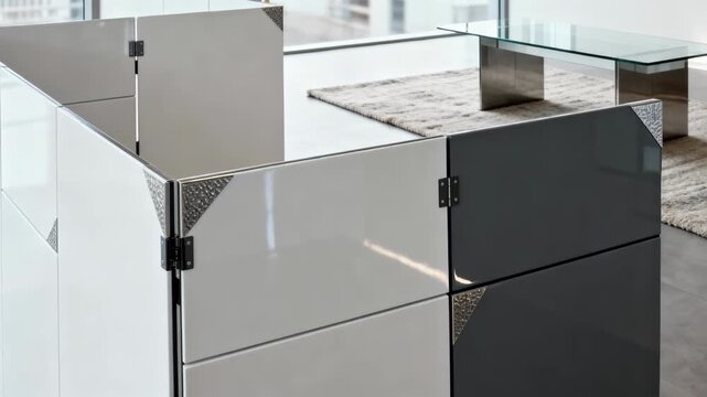 Medium shot capturing modular wall system with sleek finishes emphasizing quick assembly and adaptable room division in contemporary interiors.