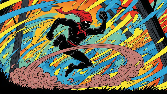 Illustration of Saci-Perer&ecirc; jumping with his red cap, one-legged silhouette in motion, swirling smoke