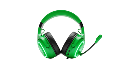 Green gaming headphones with microphone isolated on a transparent background