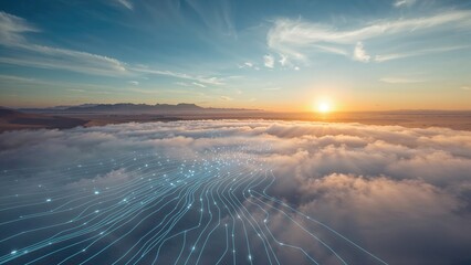 Sunrise over clouds with digital network lines overlay, symbolizing technology and connectivity. The concept of communication and technological connections.