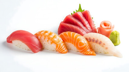 Assorted sushi nigiri and sashimi neatly arranged