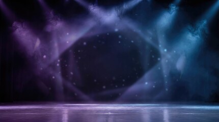Fototapeta premium Ice rink stage with purple and blue spotlights and sparkling particles frozen skating