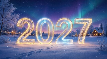 Illuminated 2027 Numbers in Snowy Landscape with Aurora Borealis new year