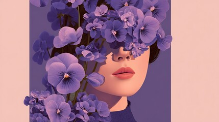 Woman with purple flowers covering her face and brown hair on pink background with calm expression and soft lighting