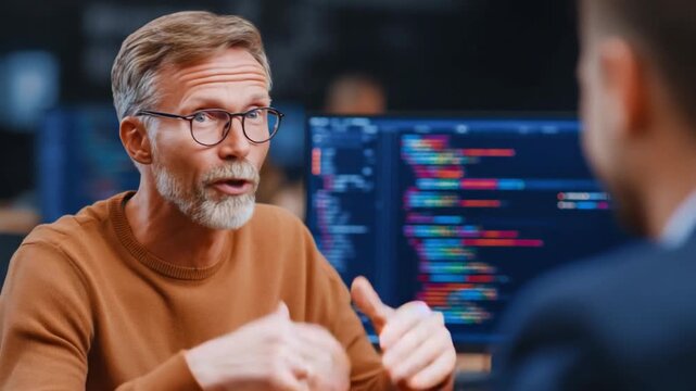 Code Conversation: An in-depth discussion between two professionals, delving into the intricacies of code and innovation, highlighting a collaborative effort in the digital realm.