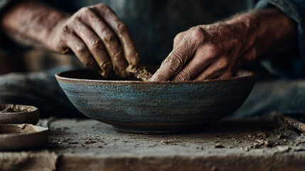 close-up of hands crafting pottery in a rustic workshop, artisan craftsmanship
