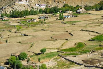 Chang La is a high mountain pass in Ladakh in Greater Himalaya between Leh and Shyok River valley. View of Himalayan agriculture and village below as seen from Chang La, on Leh to Pangong Lake road.