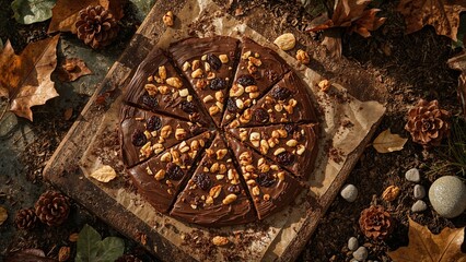 Chocolate cake with nuts and toppings, sliced into pieces, set on a rustic wooden surface with autumn leaves, pinecones, and decorative stones.