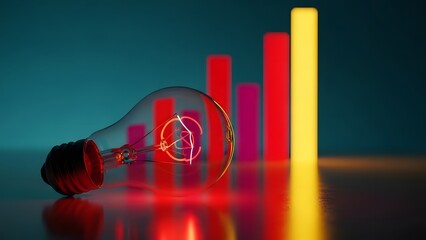 Glowing light bulb resting in front of a rising bar chart symbolizing business growth, innovation, and energy