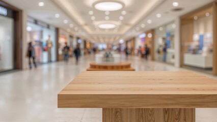Fototapeta premium Interior view of a shopping mall or retail space with wooden tables and blurred shoppers in background.