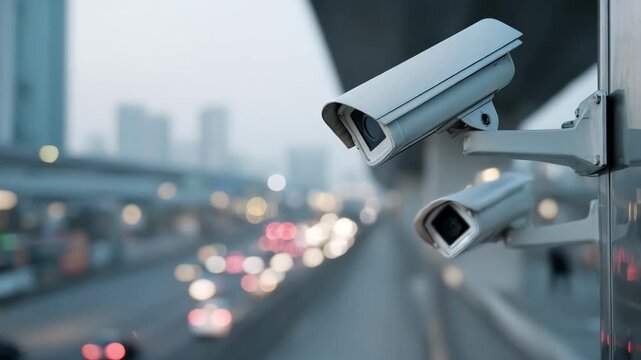 Focused medium shot of AIpowered cameras adjusting angles autonomously showcasing adaptive monitoring technology in a modern urban environment.