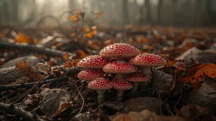 Cluster of red and white mushrooms growing on the forest floor amidst fallen leaves and twigs.