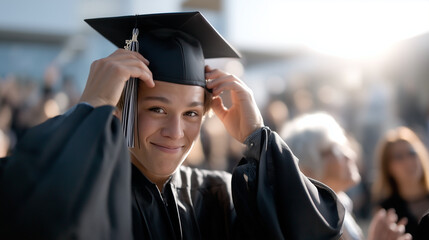 Close-up of a graduate adjusting cap tassel while family cheers behind them softly blurred, emotional candid moment, sunlight glow, 