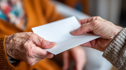 Close-up of a retired person receiving a farewell card at a retirement party, warm emotions, soft indoor lighting, 