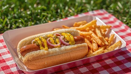 Hot dog with mustard and onions served with French fries on a red checkered tablecloth.