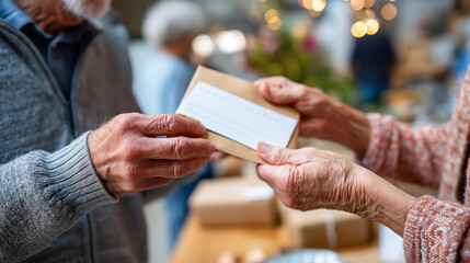 Close-up of a retired person receiving a farewell card at a retirement party, warm emotions, soft indoor lighting,