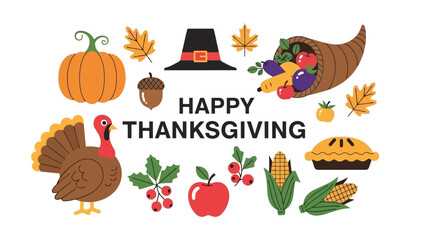 Happy Thanksgiving Celebration with Autumn Harvest Symbols and Festive Decorations