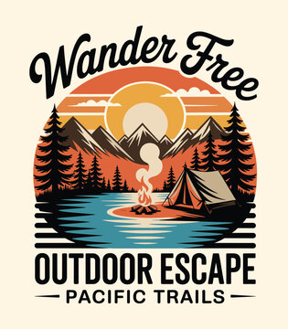 Retro Camping Illustration: Mountain Lake Adventure, Forest & Outdoor Design t shirt design