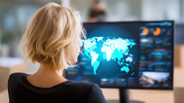 Global Data Analyst: An analyst examines an intricate display of world maps and data visualizations on a computer screen.