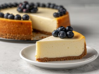 Classic baked cheesecake with slice served on plate and fresh blueberries on top.