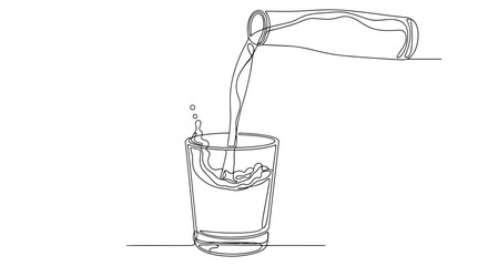 Continuous line drawing illustration of water being poured from a bottle into a glass with splashes Vector