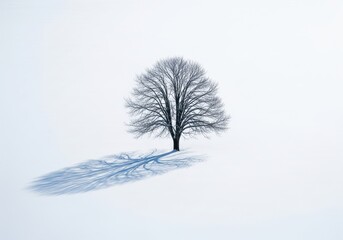 Bare tree casts a long blue shadow across a bright, snowy expanse