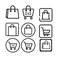 Collection of shopping bag and cart icons in various shapes