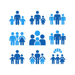 Set of blue family icons representing different family structures and sizes