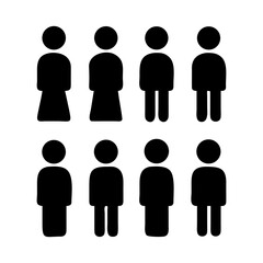 Group of eight diverse people icons in black and white