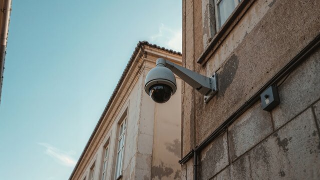 Camera security camera on the wall, mounted outside a building during daylight. Surveillance and security, surveillance technology. The concept of safety and monitoring systems.