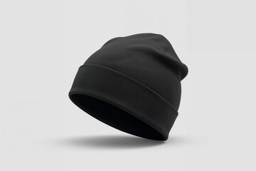 Black slouchy beanie hat with folded cuff on white background