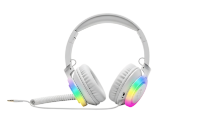 White Headphones with Rainbow L E D Lights isolated on a transparent background