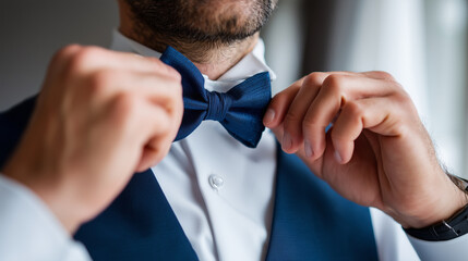 Close-up of grooms hands tying a bow tie while his father proudly watches, intimate wedding preparation moment, 