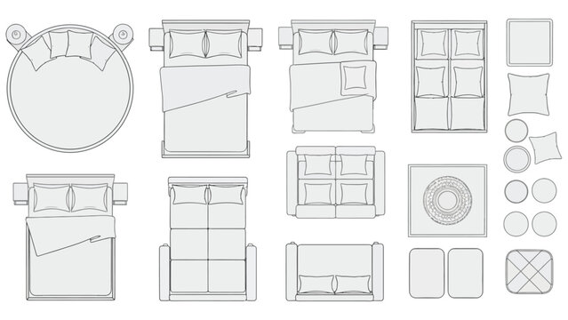 Set of detailed vector illustrations featuring various home interior furniture in top view, including beds, sofas, and chairs, for architectural floor plans and design projects.