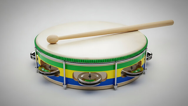 Samba tambourine with stick, polished surface, traditional colors.