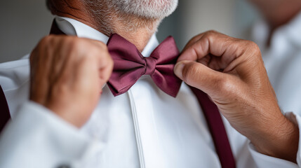 Close-up of grooms hands tying a bow tie while his father proudly watches, intimate wedding preparation moment, 